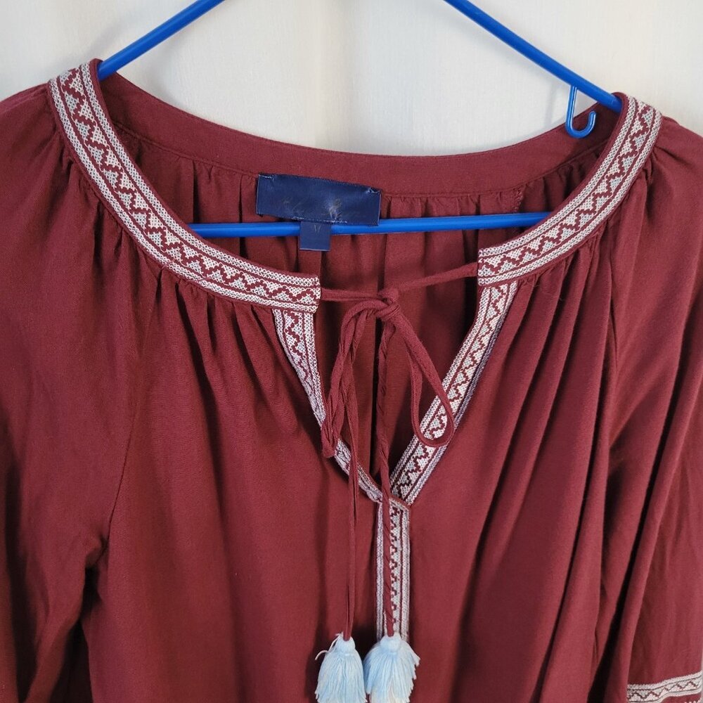 Blue Rain Top Peasant BOHO Tied Med. tassel Embroidered tunic cottage retro Rayo - Picture 4 of 13